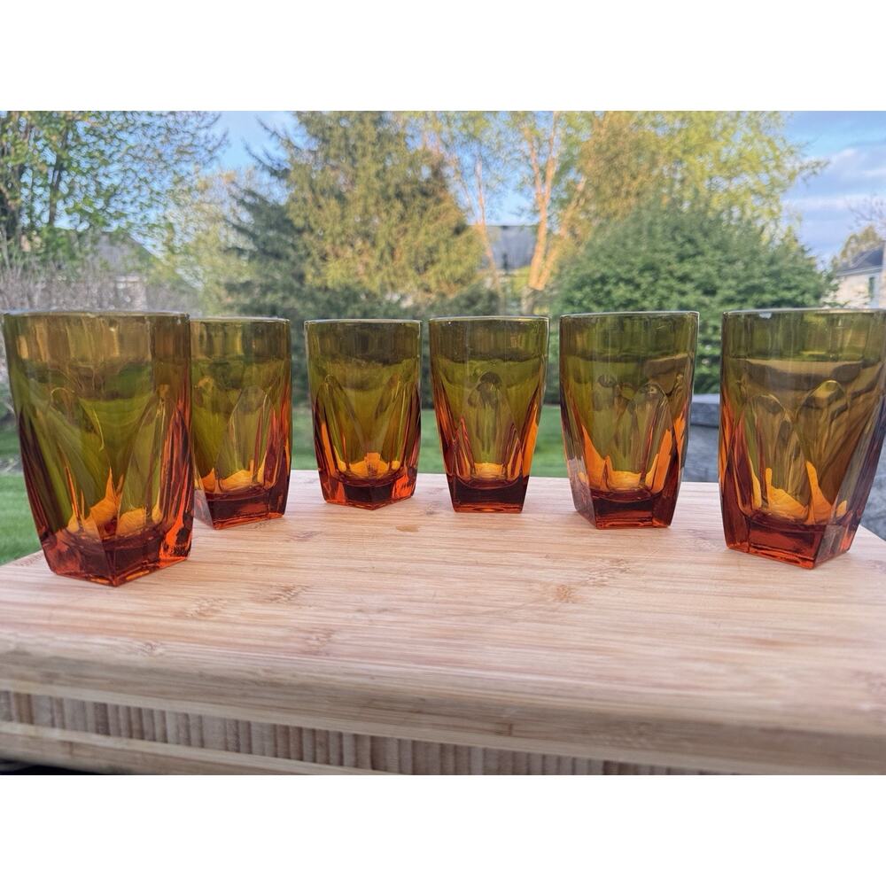 Vintage Colony Glass Vanity Amber 12oz Tumblers - MCM Art Deco Style~set Of 6